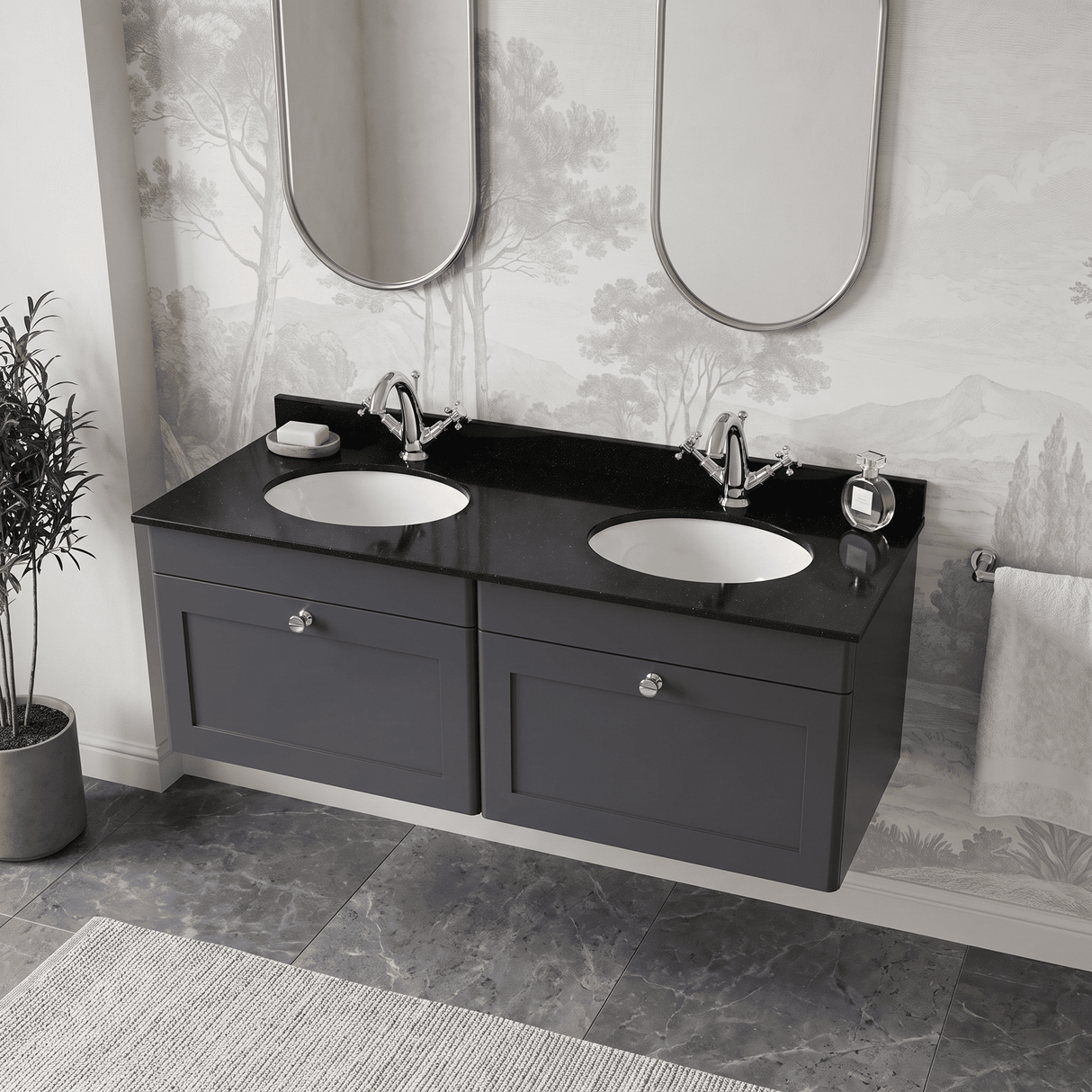 [BFCL1494BR2] Swynnerton Traditional 2 Drawer Wall Hung Vanity Basin Unit with Double 1 Tap Hole Black Marble Worktop and Basin, 1200mm, Choice of Colour