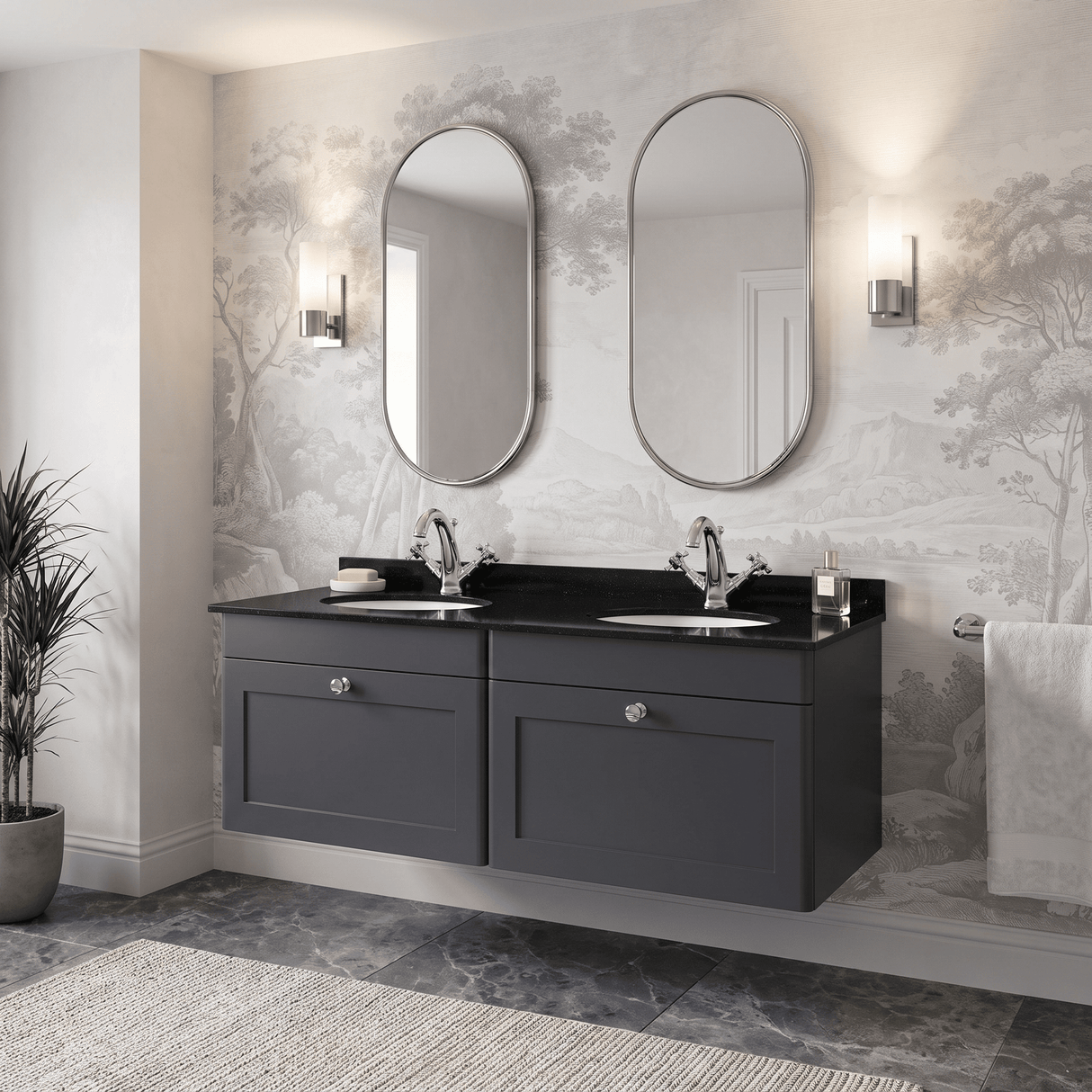 [BFCL1494BR2] Swynnerton Traditional 2 Drawer Wall Hung Vanity Basin Unit with Double 1 Tap Hole Black Marble Worktop and Basin, 1200mm, Choice of Colour