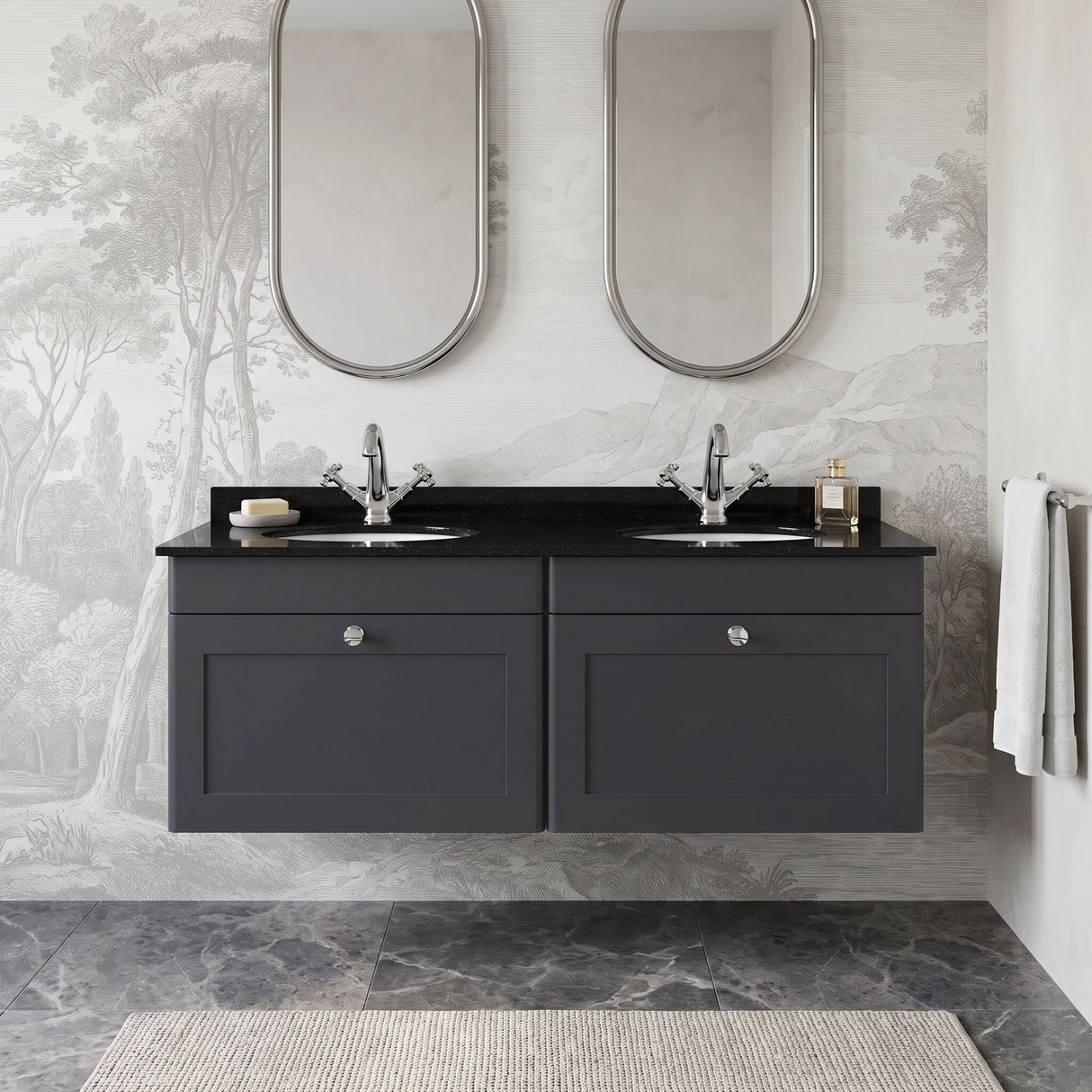 [BFCL1494BR2] Swynnerton Traditional 2 Drawer Wall Hung Vanity Basin Unit with Double 1 Tap Hole Black Marble Worktop and Basin, 1200mm, Choice of Colour - Silo