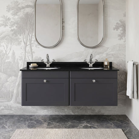 [BFCL1494BR2] Swynnerton Traditional 2 Drawer Wall Hung Vanity Basin Unit with Double 1 Tap Hole Black Marble Worktop and Basin, 1200mm, Choice of Colour - Silo