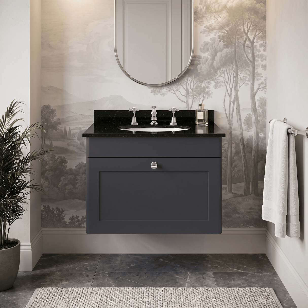 [BFCL1494BR3] Swynnerton Traditional 1 Drawer Wall Hung Vanity Unit with Marble Basin - Choice of Size and Colour - Silo