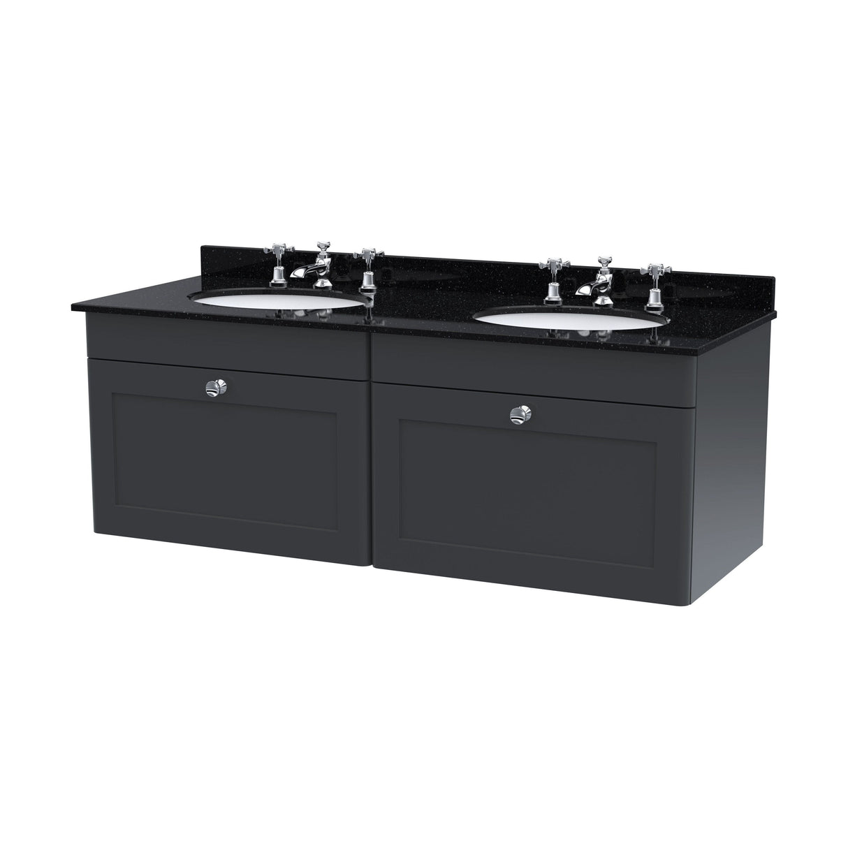 [BFCL1494BR6] Swynnerton Traditional 2 Drawer Wall Hung Vanity Basin Unit with Double 3 Tap Hole Black Marble Worktop and Basin, 1200mm, Choice of Colour - Cutout