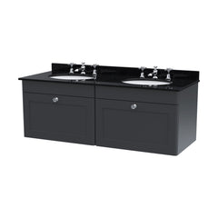 [BFCL1494BR6] Swynnerton Traditional 2 Drawer Wall Hung Vanity Basin Unit with Double 3 Tap Hole Black Marble Worktop and Basin, 1200mm, Choice of Colour - Cutout