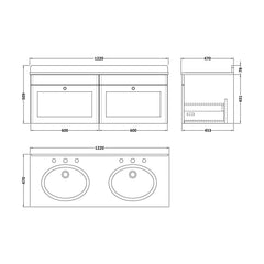 [BFCL1494BR6] Swynnerton Traditional 2 Drawer Wall Hung Vanity Basin Unit with Double 3 Tap Hole Black Marble Worktop and Basin, 1200mm, Choice of Colour - Technical Drawing