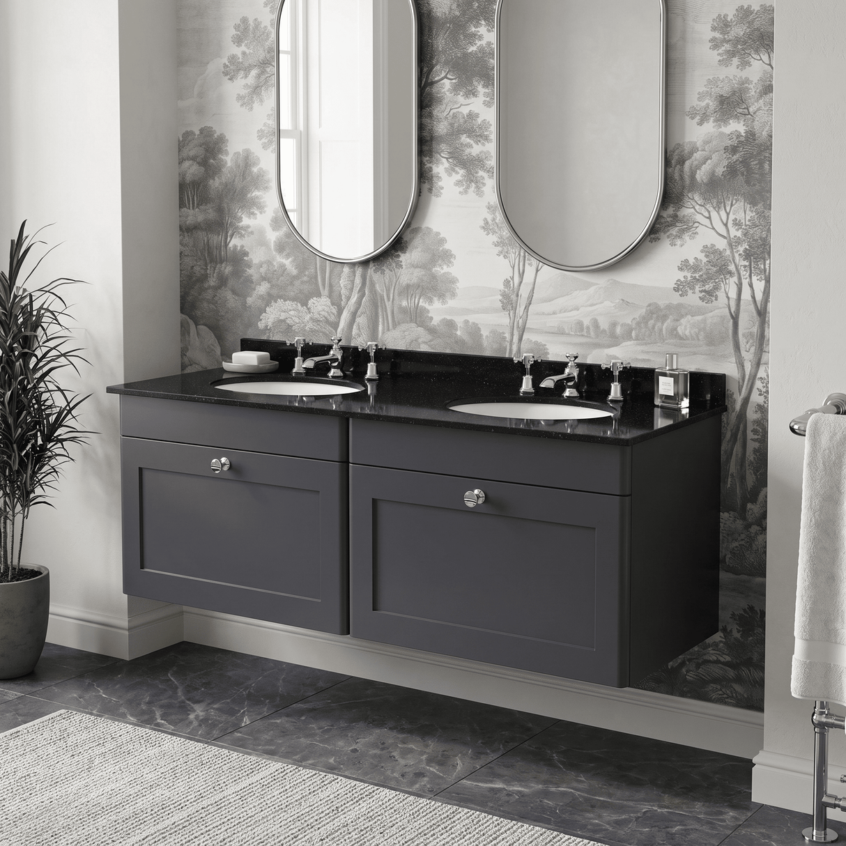 [BFCL1494BR6] Swynnerton Traditional 2 Drawer Wall Hung Vanity Basin Unit with Double 3 Tap Hole Black Marble Worktop and Basin, 1200mm, Choice of Colour