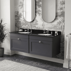 [BFCL1494BR6] Swynnerton Traditional 2 Drawer Wall Hung Vanity Basin Unit with Double 3 Tap Hole Black Marble Worktop and Basin, 1200mm, Choice of Colour