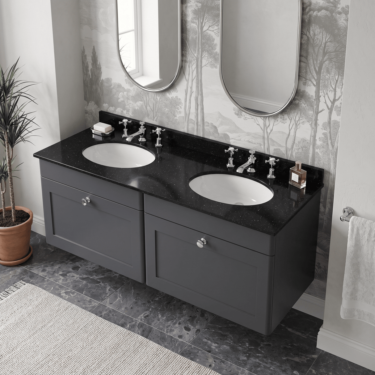 [BFCL1494BR6] Swynnerton Traditional 2 Drawer Wall Hung Vanity Basin Unit with Double 3 Tap Hole Black Marble Worktop and Basin, 1200mm, Choice of Colour