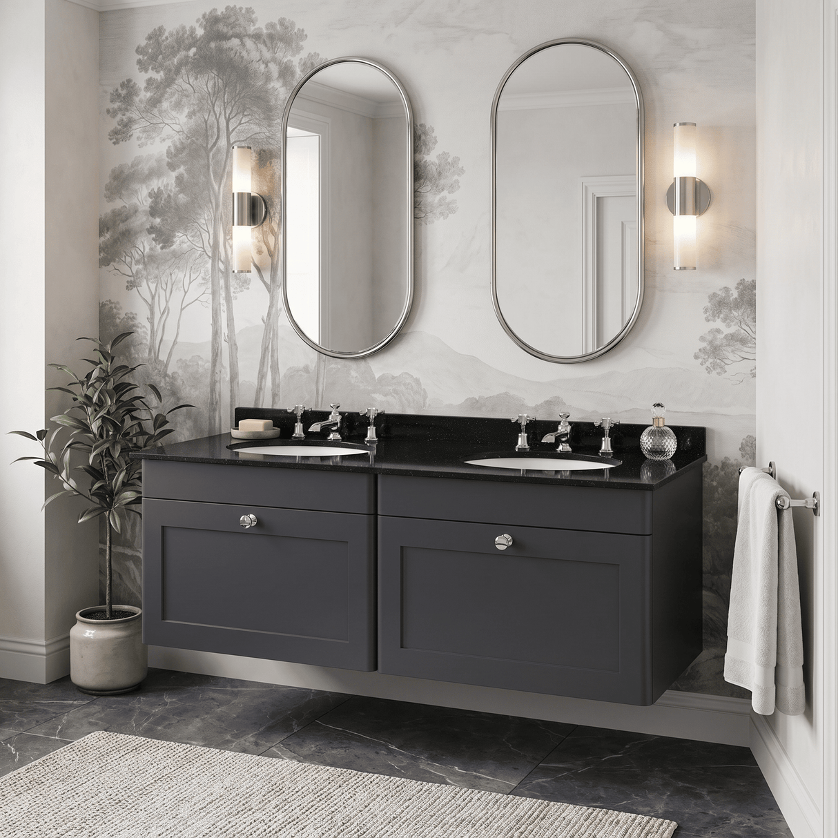 [BFCL1494BR6] Swynnerton Traditional 2 Drawer Wall Hung Vanity Basin Unit with Double 3 Tap Hole Black Marble Worktop and Basin, 1200mm, Choice of Colour