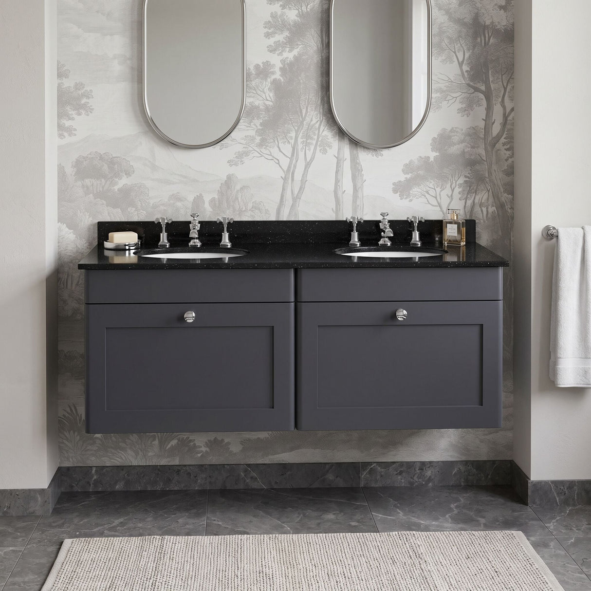 [BFCL1494BR6] Swynnerton Traditional 2 Drawer Wall Hung Vanity Basin Unit with Double 3 Tap Hole Black Marble Worktop and Basin, 1200mm, Choice of Colour - Silo