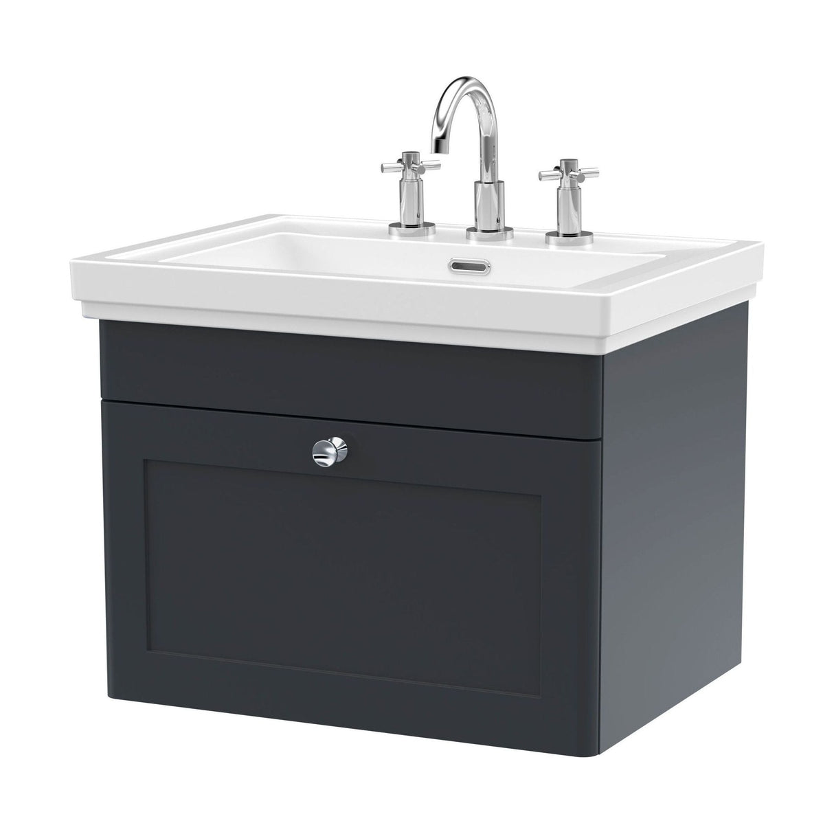 [BFCL1494B] Swynnerton Traditional 1 Drawer Wall Hung Vanity Basin Unit with 3 Tap Hole Traditional Fireclay Basin, Choice of Size and Colour - Cutout