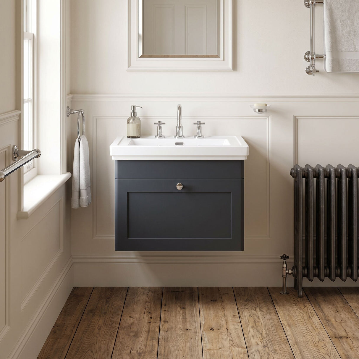 [BFCL1494B] Swynnerton Traditional 1 Drawer Wall Hung Vanity Basin Unit with 3 Tap Hole Traditional Fireclay Basin, Choice of Size and Colour