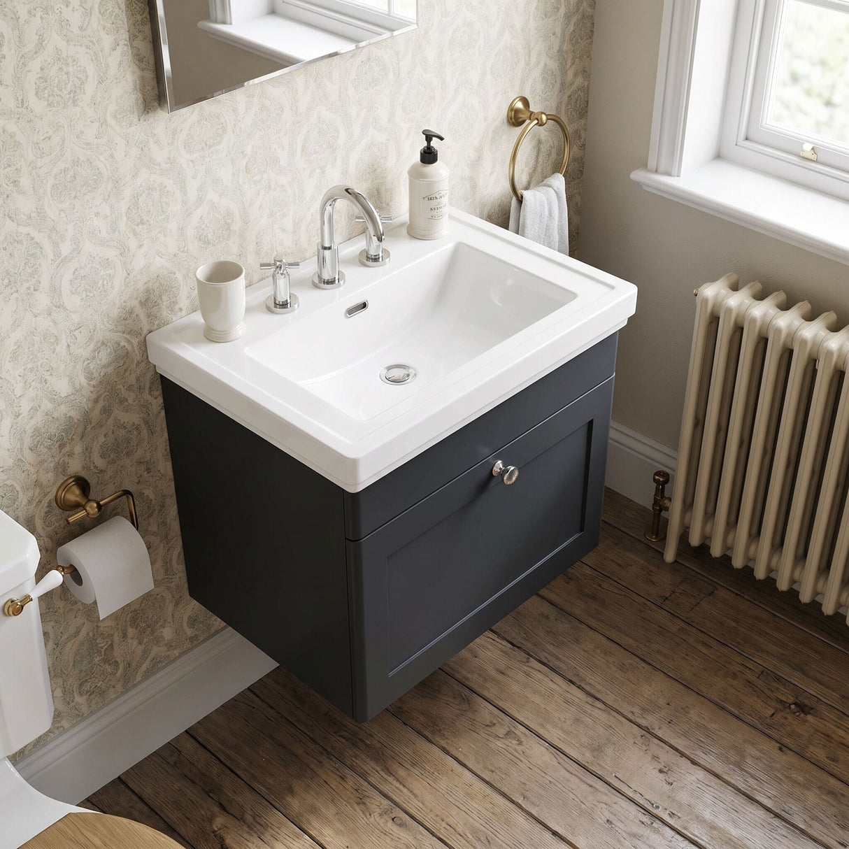 [BFCL1494B] Swynnerton Traditional 1 Drawer Wall Hung Vanity Basin Unit with 3 Tap Hole Traditional Fireclay Basin, Choice of Size and Colour