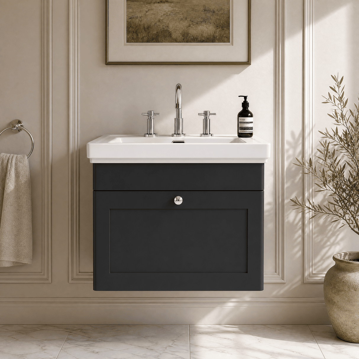 [BFCL1494B] Swynnerton Traditional 1 Drawer Wall Hung Vanity Basin Unit with 3 Tap Hole Traditional Fireclay Basin, Choice of Size and Colour - Silo