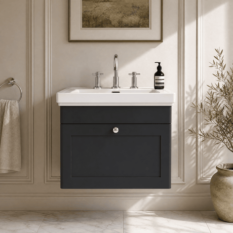 [BFCL1494B] Swynnerton Traditional 1 Drawer Wall Hung Vanity Basin Unit with 3 Tap Hole Traditional Fireclay Basin, Choice of Size and Colour - Silo