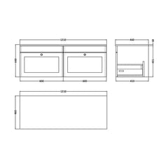 [BFCL1494CMT2] Swynnerton Traditional 2 Drawer Wall Hung Vanity Unit with Marble Top, Dark Grey, 1200mm - Technical Drawing