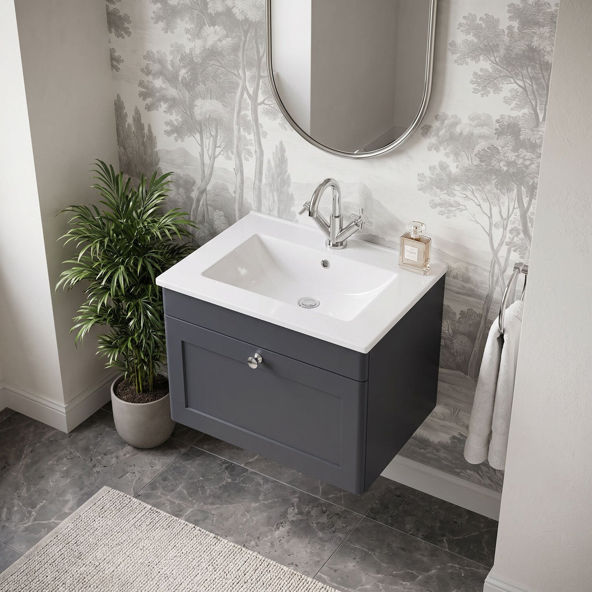 [BFCL1494C] Swynnerton Traditional 1 Drawer Wall Hung Vanity Basin Unit with 1 Tap Hole Minimalist Ceramic Basin, Choice of Size and Colour