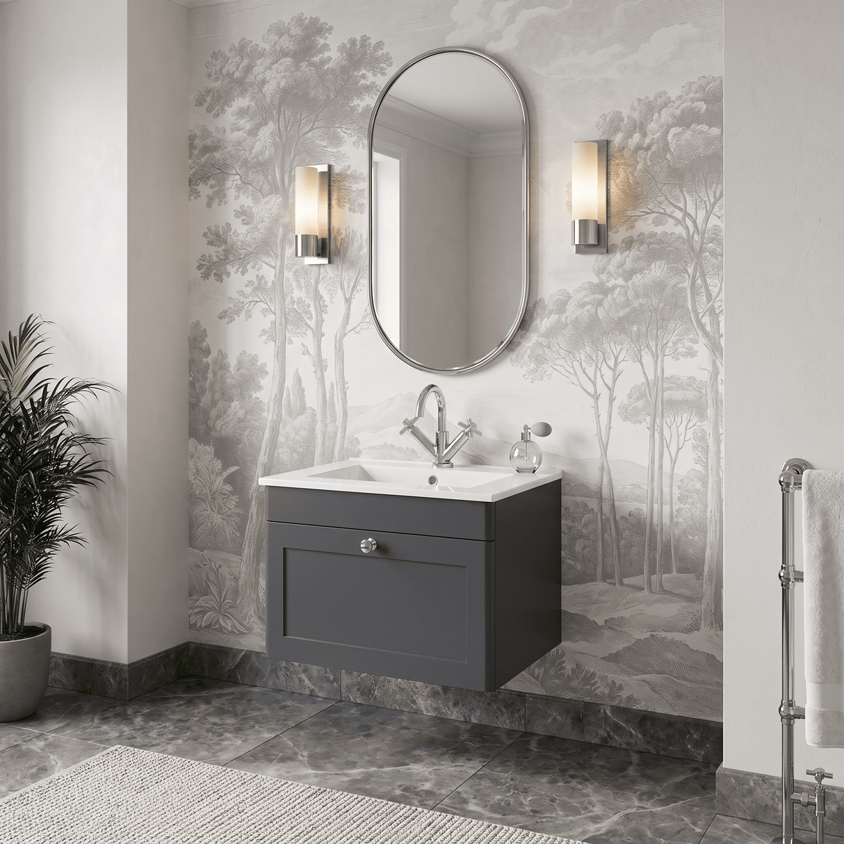 [BFCL1494C] Swynnerton Traditional 1 Drawer Wall Hung Vanity Basin Unit with 1 Tap Hole Minimalist Ceramic Basin, Choice of Size and Colour