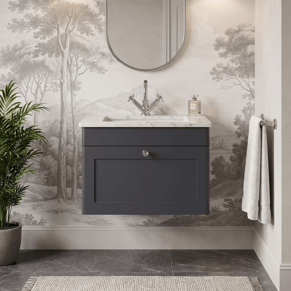 [BFCL1494C] Swynnerton Traditional 1 Drawer Wall Hung Vanity Basin Unit with 1 Tap Hole Minimalist Ceramic Basin, Choice of Size and Colour - Silo