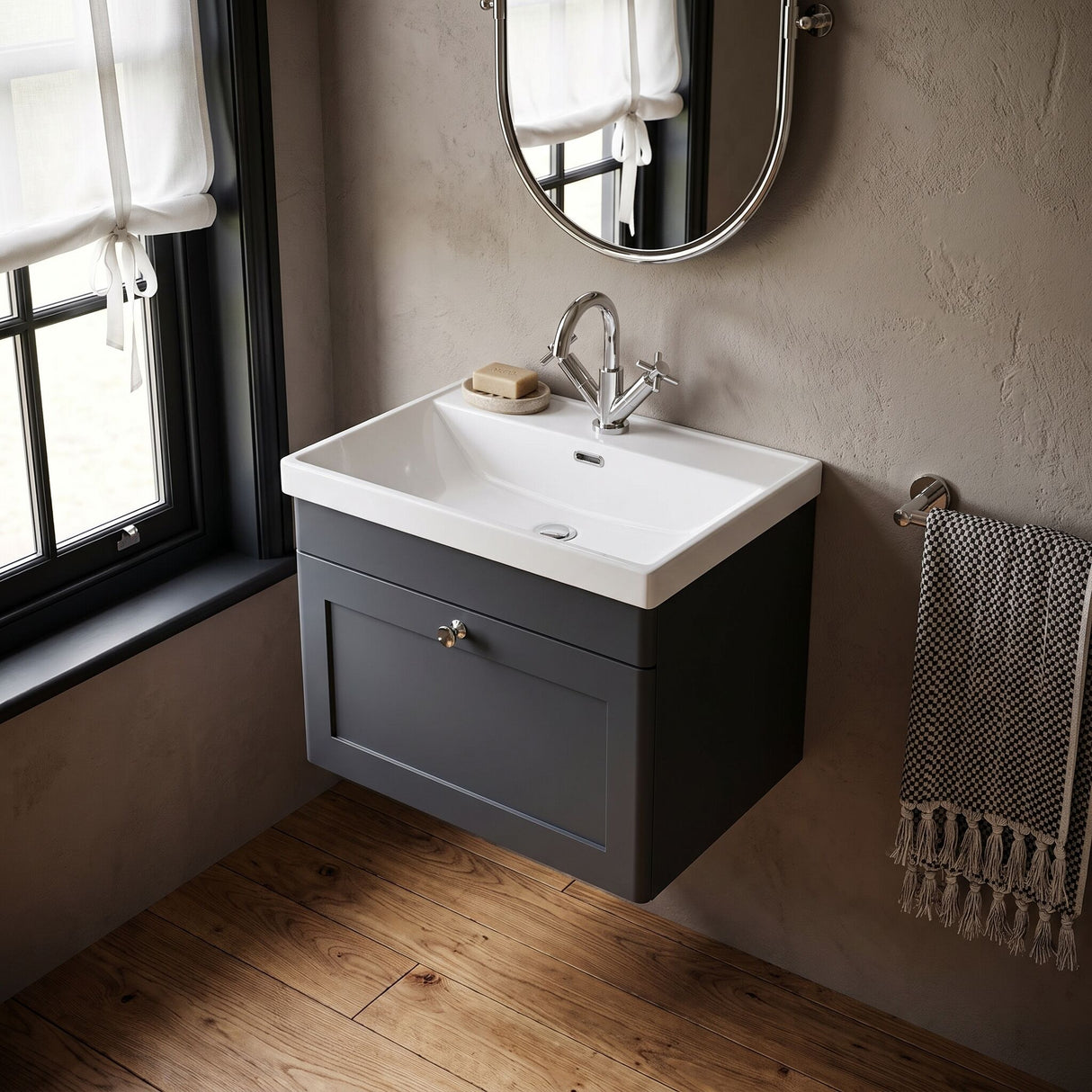[BFCL1494E] Swynnerton Traditional 1 Drawer Wall Hung Vanity Unit with Thin Edge Basin, Choice of Size and Colour