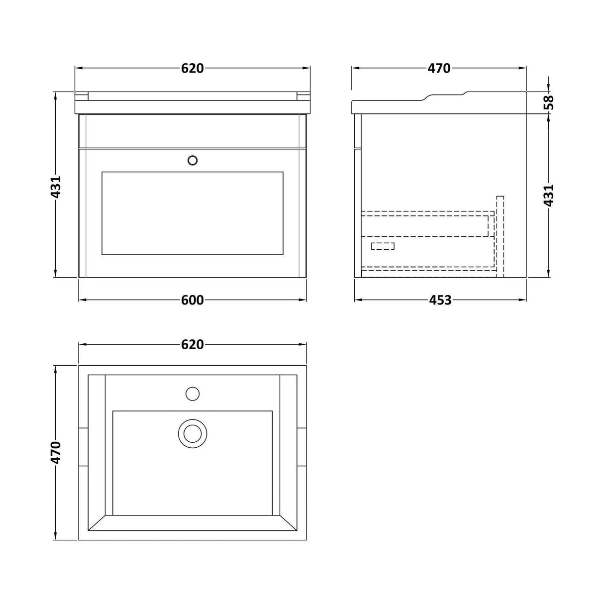 [BFCL1494F] Swynnerton Traditional 1 Drawer Wall Hung Vanity Basin Unit with 1 Tap Hole Traditional Ceramic Basin, Choice of Size and Colour - Technical Drawing