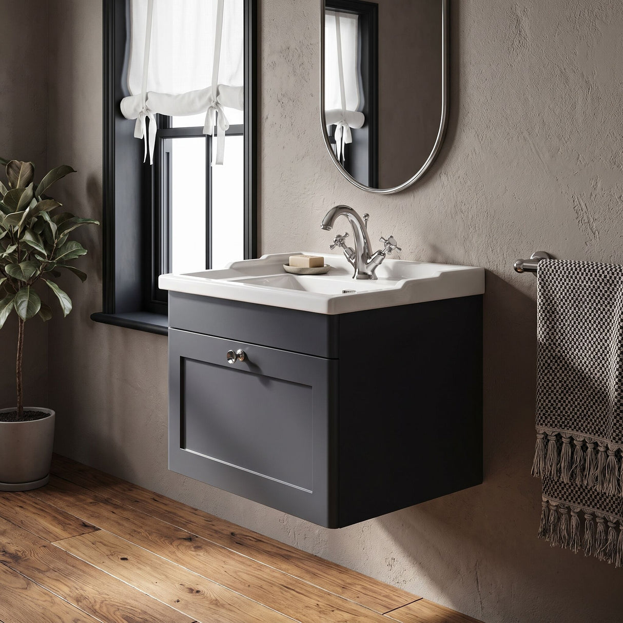 [BFCL1494F] Swynnerton Traditional 1 Drawer Wall Hung Vanity Basin Unit with 1 Tap Hole Traditional Ceramic Basin, Choice of Size and Colour