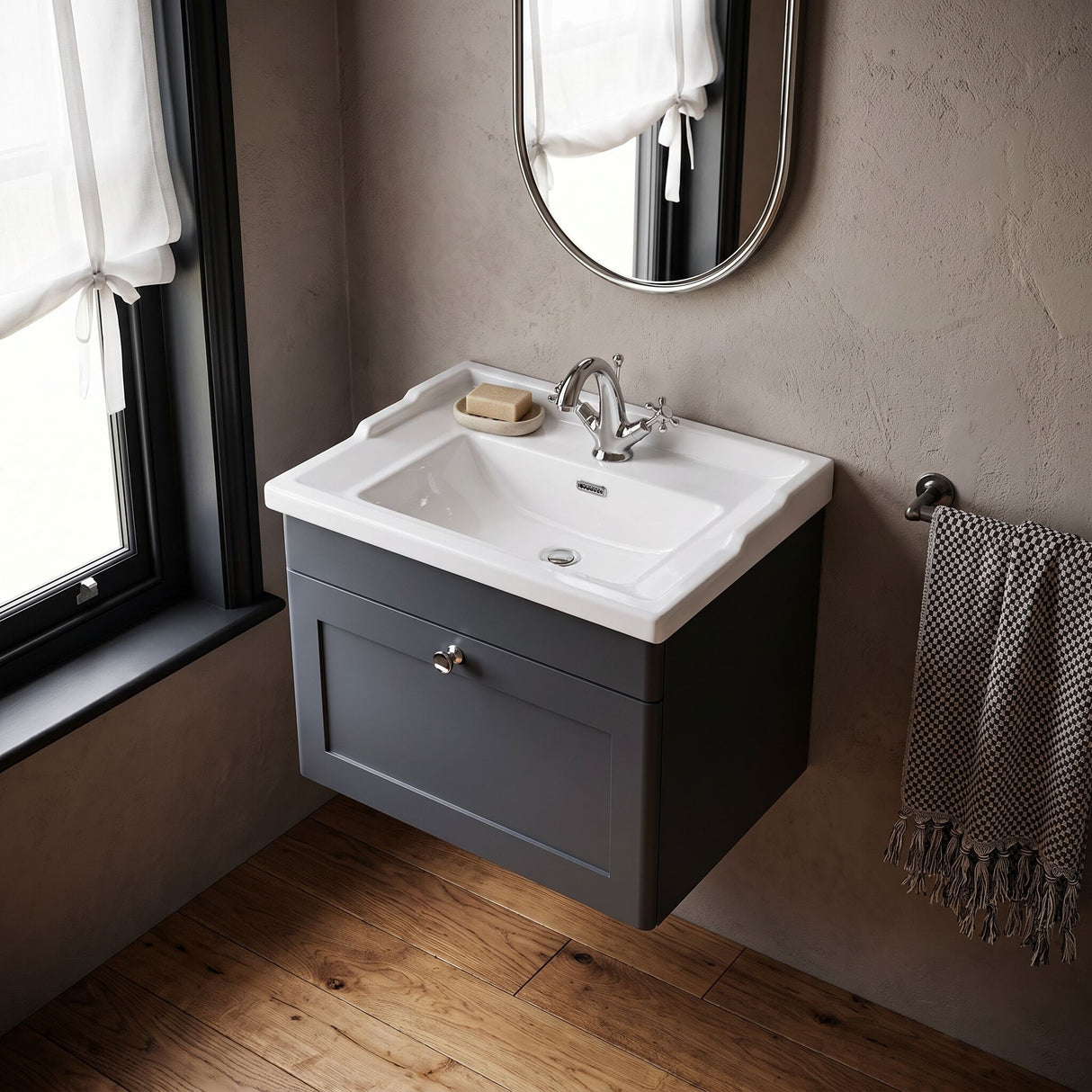 [BFCL1494F] Swynnerton Traditional 1 Drawer Wall Hung Vanity Basin Unit with 1 Tap Hole Traditional Ceramic Basin, Choice of Size and Colour