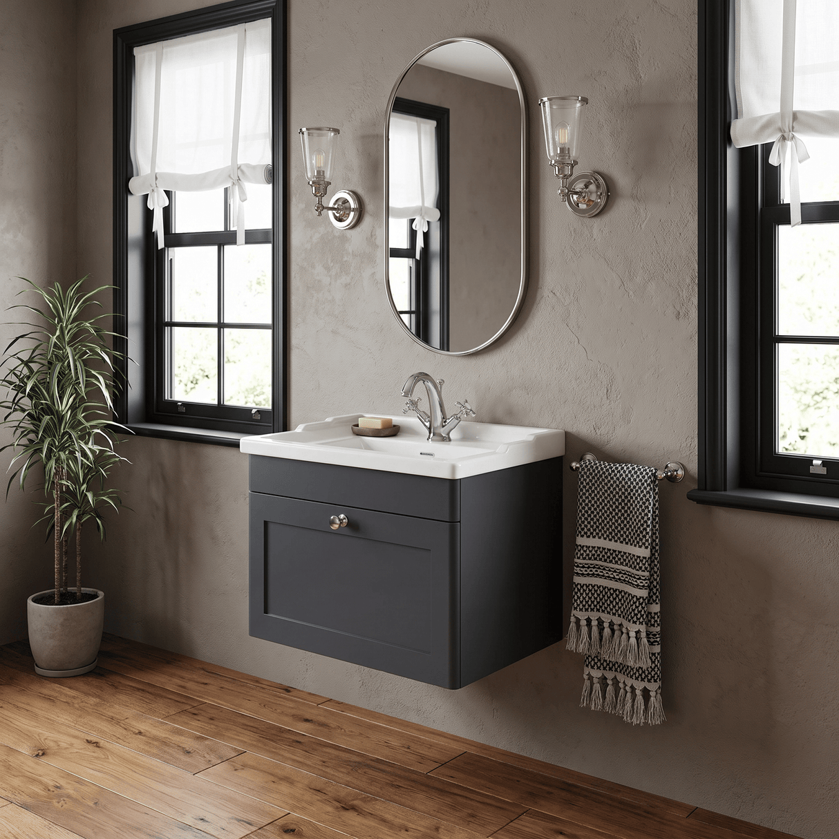 [BFCL1494F] Swynnerton Traditional 1 Drawer Wall Hung Vanity Basin Unit with 1 Tap Hole Traditional Ceramic Basin, Choice of Size and Colour