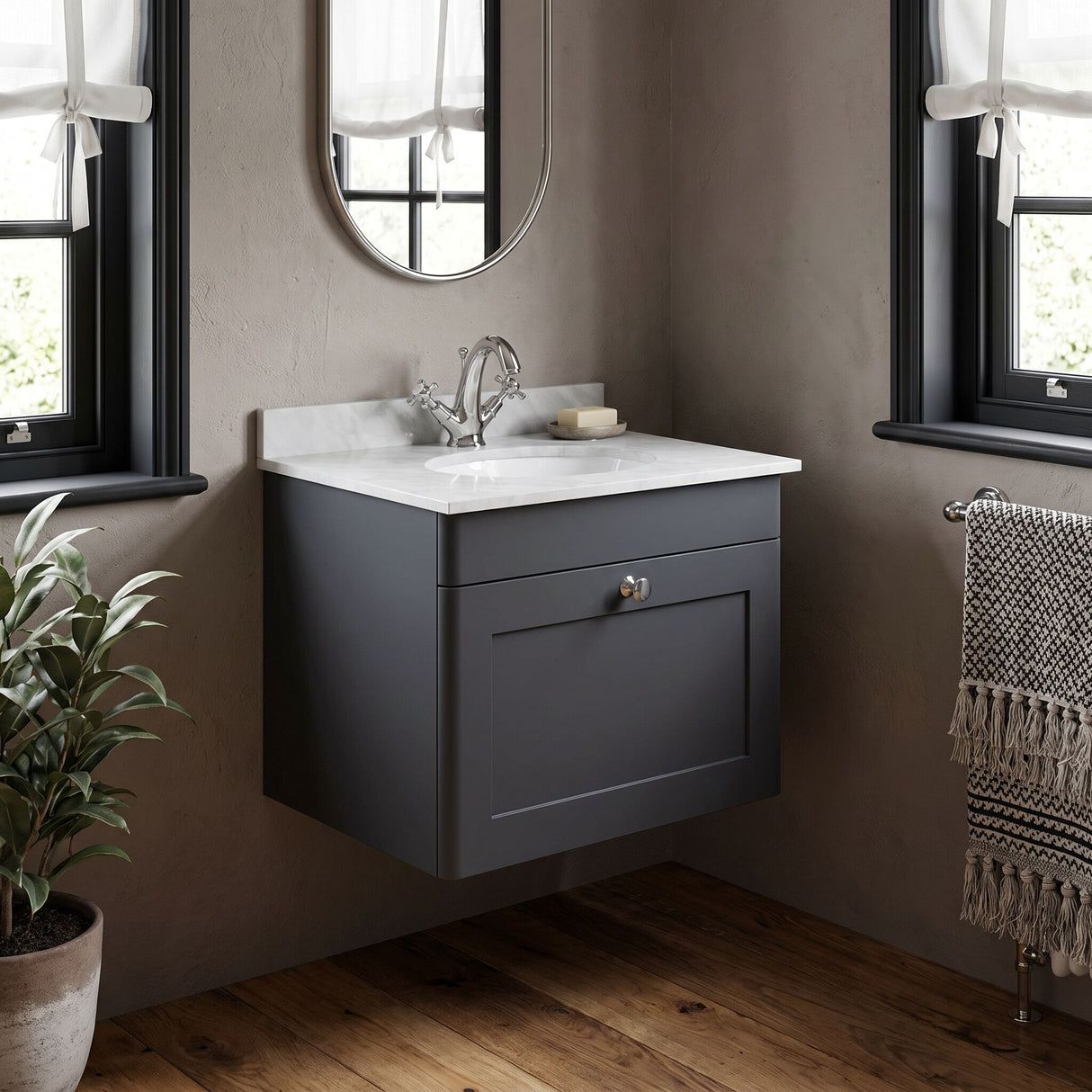 [BFCL1494GR1] Swynnerton Traditional 1 Drawer Wall Hung Vanity Unit with Grey Marble Worktop and 1 Tap Hole Basin, Choice of Size and Colour