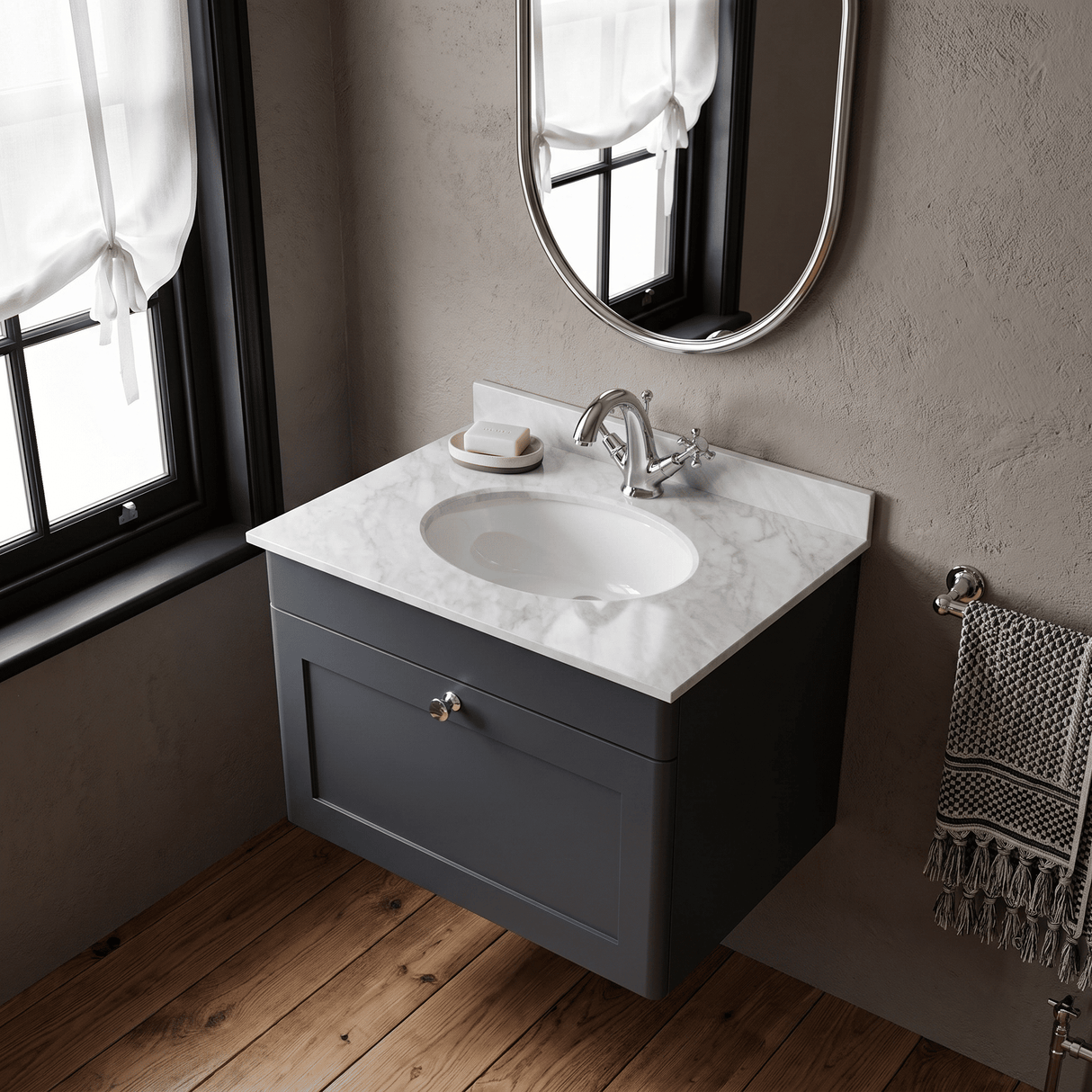 [BFCL1494GR1] Swynnerton Traditional 1 Drawer Wall Hung Vanity Unit with Grey Marble Worktop and 1 Tap Hole Basin, Choice of Size and Colour