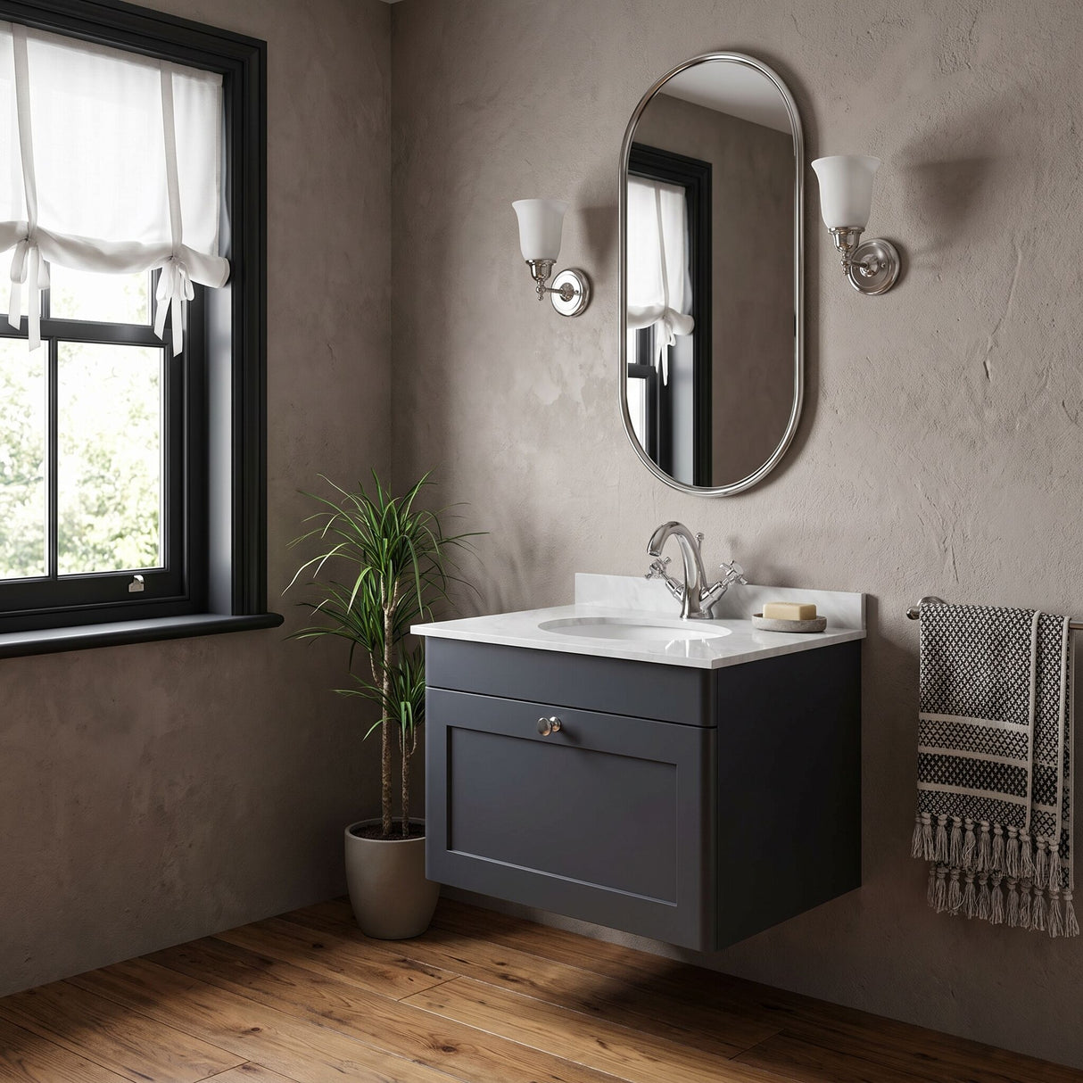 [BFCL1494GR1] Swynnerton Traditional 1 Drawer Wall Hung Vanity Unit with Grey Marble Worktop and 1 Tap Hole Basin, Choice of Size and Colour