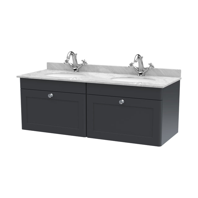 [BFCL1494GR2] Swynnerton Traditional 2 Drawer Wall Hung Vanity Unit with Double Marble Basin, Dark Grey, 1200mm - Cutout