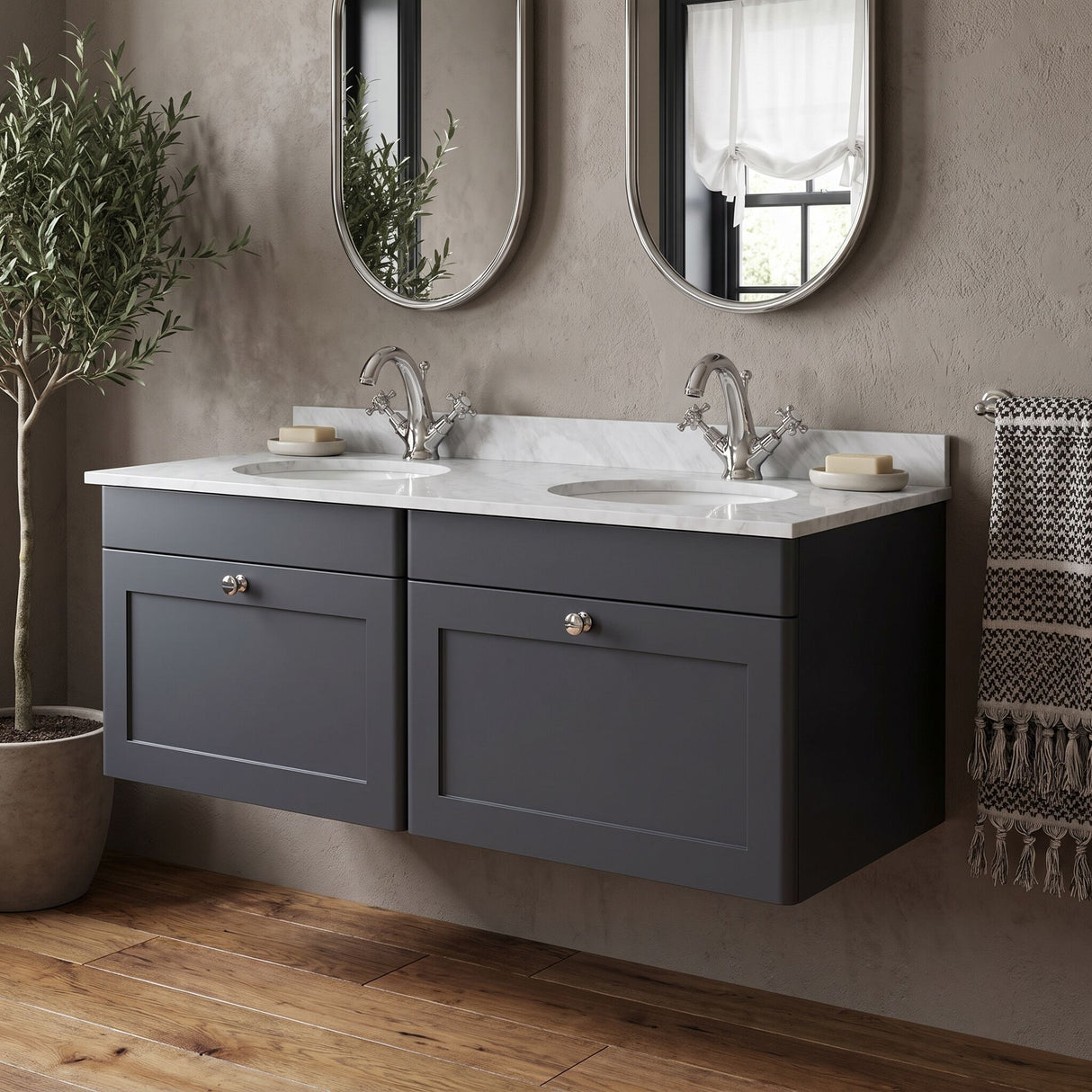 [BFCL1494GR2] Swynnerton Traditional 2 Drawer Wall Hung Vanity Basin Unit with Double 1 Tap Hole Grey Marble Basin, 1200mm, Choice of Colour