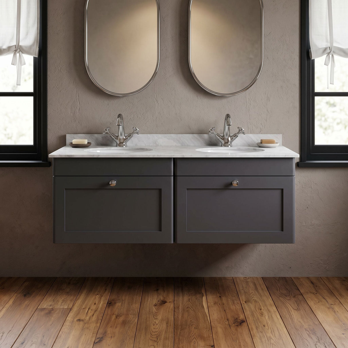 [BFCL1494GR2] Swynnerton Traditional 2 Drawer Wall Hung Vanity Basin Unit with Double 1 Tap Hole Grey Marble Basin, 1200mm, Choice of Colour - Silo