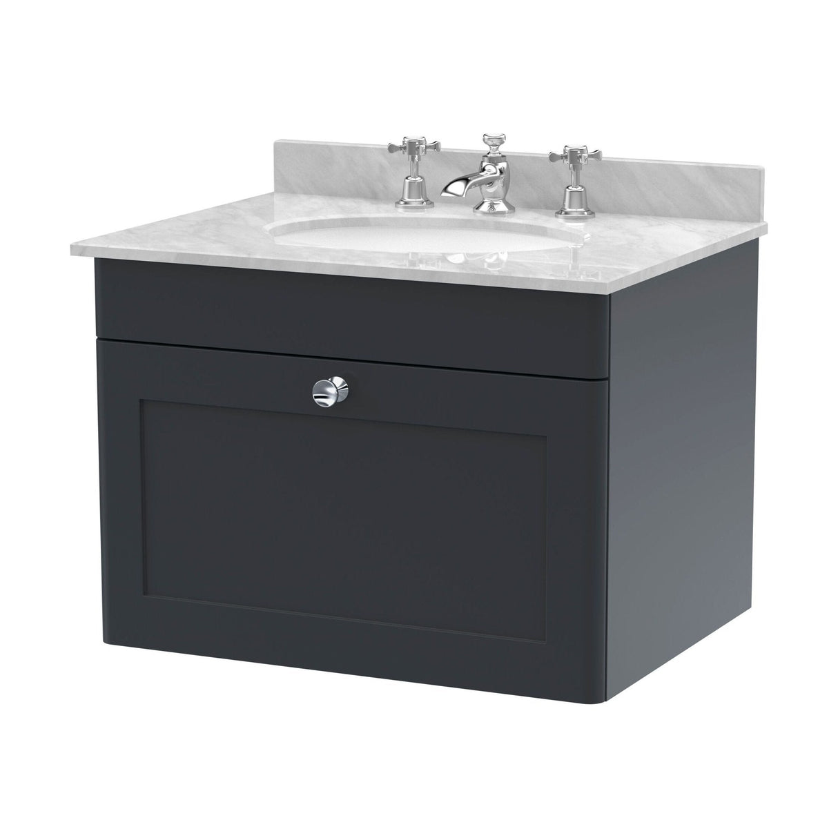 [BFCL1494GR3] Swynnerton Traditional 1 Drawer Wall Hung Vanity Basin Unit with 3 Tap Hole Grey Marble Top Basin, Choice of Size and Colour - Cutout