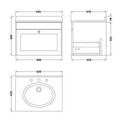 [BFCL1494GR3] Swynnerton Traditional 1 Drawer Wall Hung Vanity Basin Unit with 3 Tap Hole Grey Marble Top Basin, Choice of Size and Colour - Technical Drawing