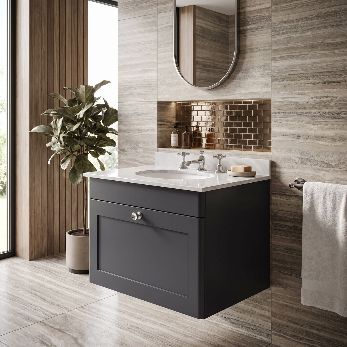 [BFCL1494GR3] Swynnerton Traditional 1 Drawer Wall Hung Vanity Basin Unit with 3 Tap Hole Grey Marble Top Basin, Choice of Size and Colour