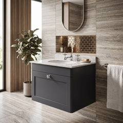 [BFCL1494GR3] Swynnerton Traditional 1 Drawer Wall Hung Vanity Basin Unit with 3 Tap Hole Grey Marble Top Basin, Choice of Size and Colour