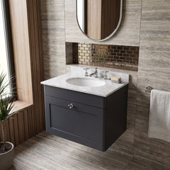 [BFCL1494GR3] Swynnerton Traditional 1 Drawer Wall Hung Vanity Basin Unit with 3 Tap Hole Grey Marble Top Basin, Choice of Size and Colour
