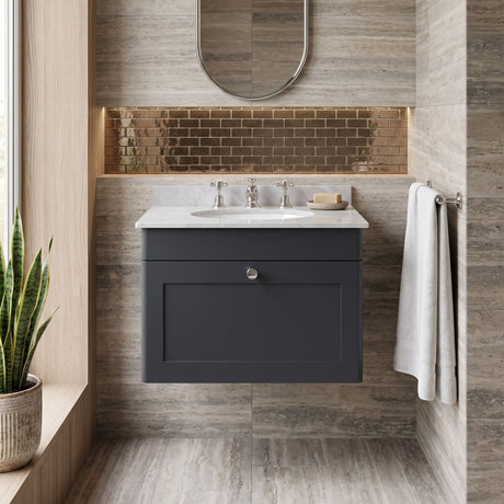 [BFCL1494GR3] Swynnerton Traditional 1 Drawer Wall Hung Vanity Basin Unit with 3 Tap Hole Grey Marble Top Basin, Choice of Size and Colour - Silo
