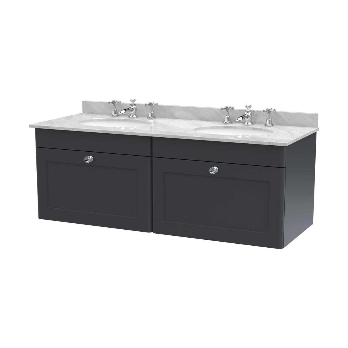 [BFCL1494GR6] Swynnerton Traditional 2 Drawer Wall Hung Vanity Basin Unit with Double 3 Tap Hole Grey Marble Basin, 1200mm, Choice of Colour - Cutout