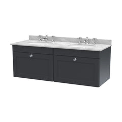 [BFCL1494GR6] Swynnerton Traditional 2 Drawer Wall Hung Vanity Basin Unit with Double 3 Tap Hole Grey Marble Basin, 1200mm, Choice of Colour - Cutout