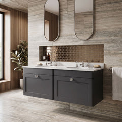 [BFCL1494GR6] Swynnerton Traditional 2 Drawer Wall Hung Vanity Basin Unit with Double 3 Tap Hole Grey Marble Basin, 1200mm, Choice of Colour