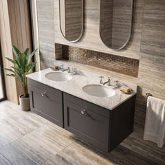 [BFCL1494GR6] Swynnerton Traditional 2 Drawer Wall Hung Vanity Basin Unit with Double 3 Tap Hole Grey Marble Basin, 1200mm, Choice of Colour