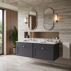 [BFCL1494GR6] Swynnerton Traditional 2 Drawer Wall Hung Vanity Basin Unit with Double 3 Tap Hole Grey Marble Basin, 1200mm, Choice of Colour