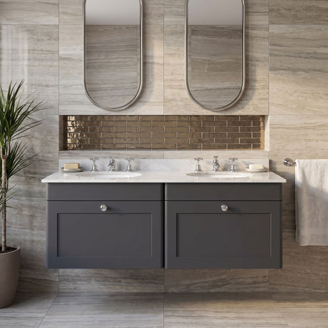 [BFCL1494GR6] Swynnerton Traditional 2 Drawer Wall Hung Vanity Basin Unit with Double 3 Tap Hole Grey Marble Basin, 1200mm, Choice of Colour - Silo