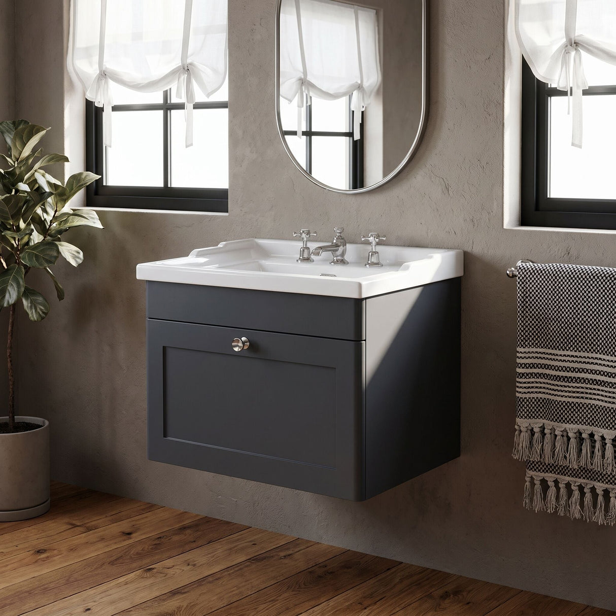 [BFCL1494G] Swynnerton Traditional 1 Drawer Wall Hung Vanity Basin Unit with 3 Tap Hole Traditional Ceramic Basin, Choice of Size and Colour