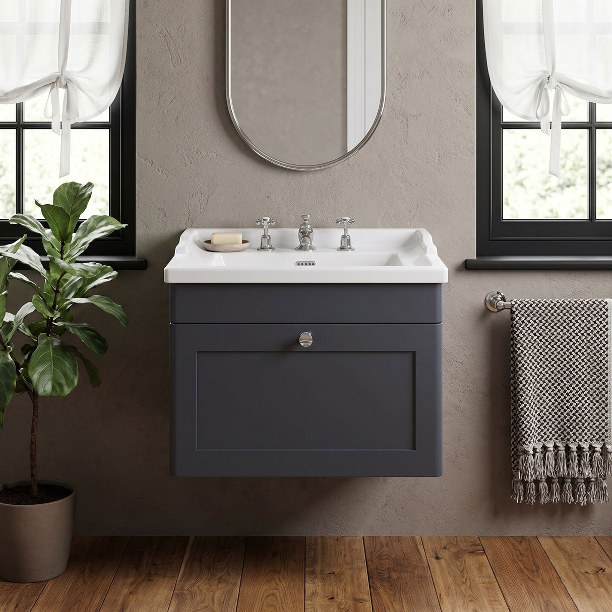 [BFCL1494G] Swynnerton Traditional 1 Drawer Wall Hung Vanity Basin Unit with 3 Tap Hole Traditional Ceramic Basin, Choice of Size and Colour - Silo