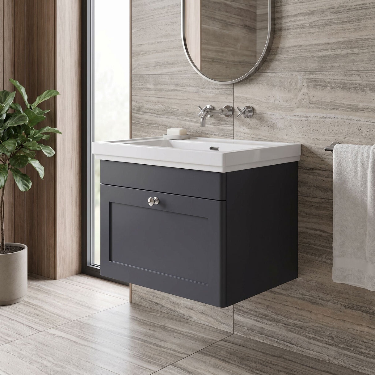 [BFCL1494H] Swynnerton Traditional 1 Drawer Wall Hung Vanity Unit with 0 Tap Hole Traditional Fireclay Basin, Choice of Size and Colour