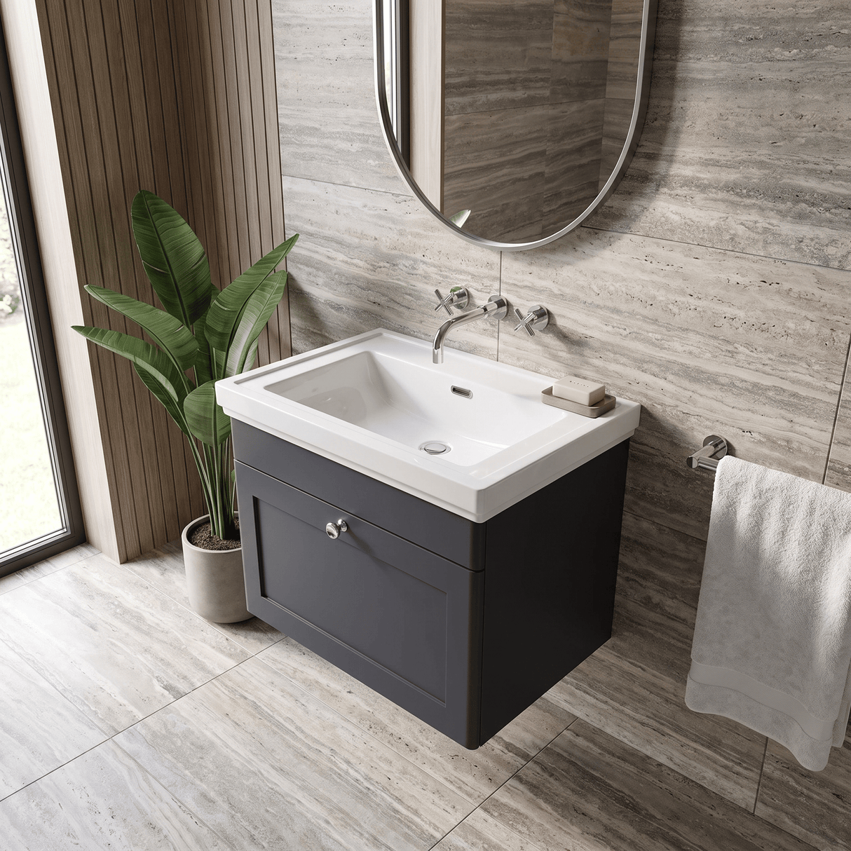 [BFCL1494H] Swynnerton Traditional 1 Drawer Wall Hung Vanity Unit with 0 Tap Hole Traditional Fireclay Basin, Choice of Size and Colour