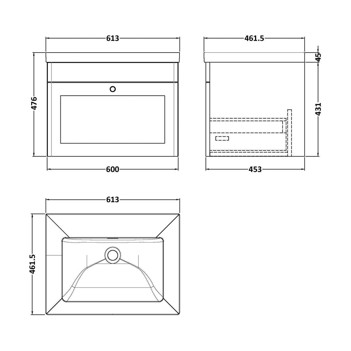 [BFCL1494K] Swynnerton Traditional 1 Drawer Wall Hung Vanity Basin Unit with 0 Tap Hole Modern Fireclay Basin, Choice of Size and Colour - Technical Drawing